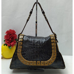 Bella Dolci Gray Leather Crocodile Embossed Studded Flap Closure Shoulder Bag